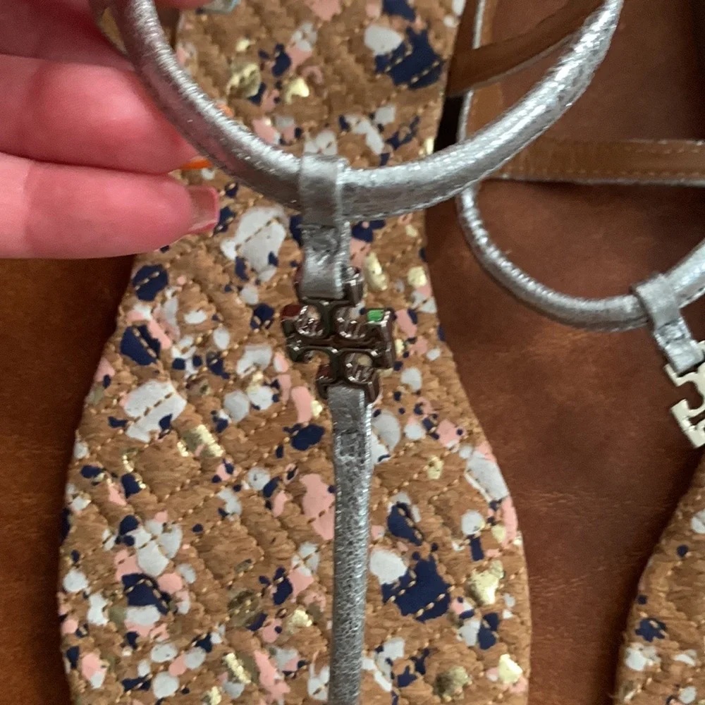Tory Burch marion quilted sandals confetti reverse metallic silver new box 5.5
